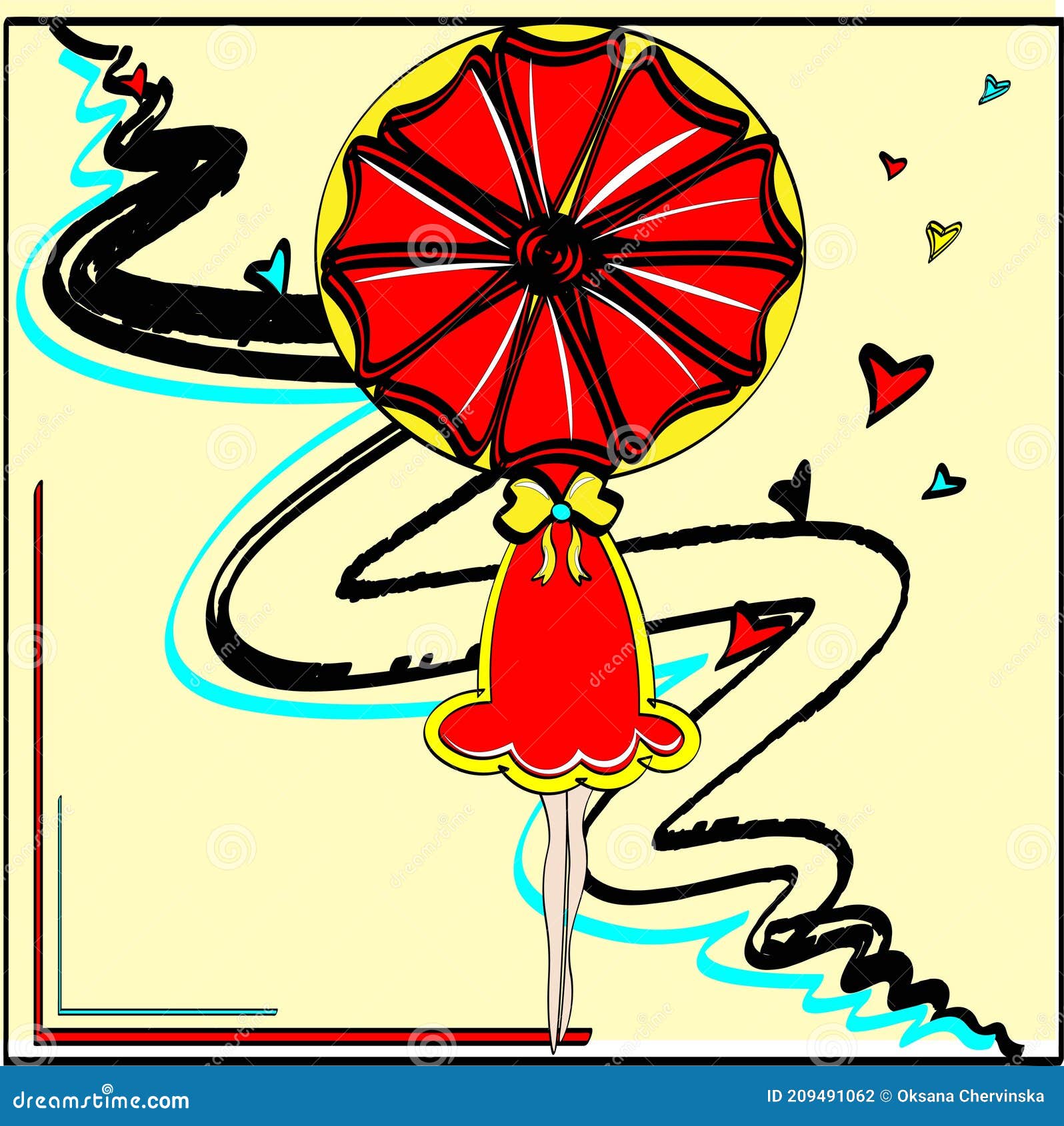 siluet girl with red umbrella and red dress with colore hearts